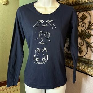 Glidan Teacher Tee LS “Teach Love Inspire written & sign language- Sz SP blue